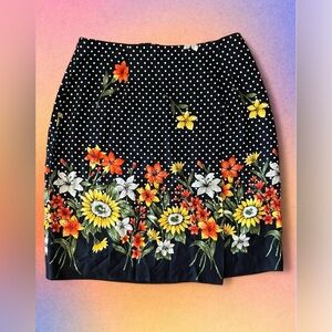 Vintage 90’s skirt-Black & white polka dots w/ colorful floral print. Kathie Lee